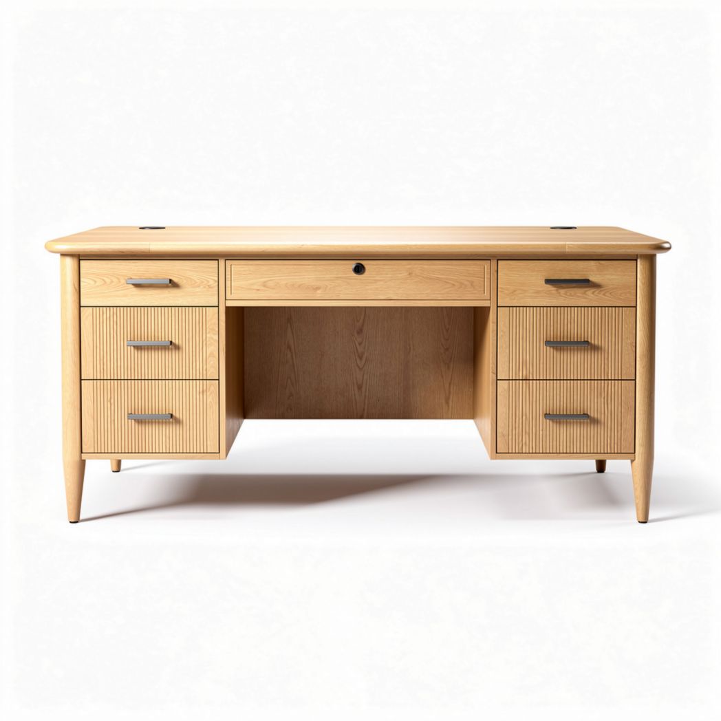 Schreibtisch aus Eichenholz mit fünf Schubladen in hellbeige 150 x 70 x 75cm