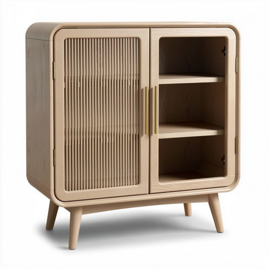 Moderner sideboard aus holz mit gestreifter tür und drei regalen 60 x 40 x 80cm