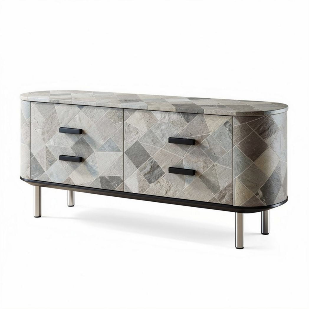 Sideboard aus grauem Marmor mit zwei Schubladen und Metallfüßen 150 x 45 x 60cm