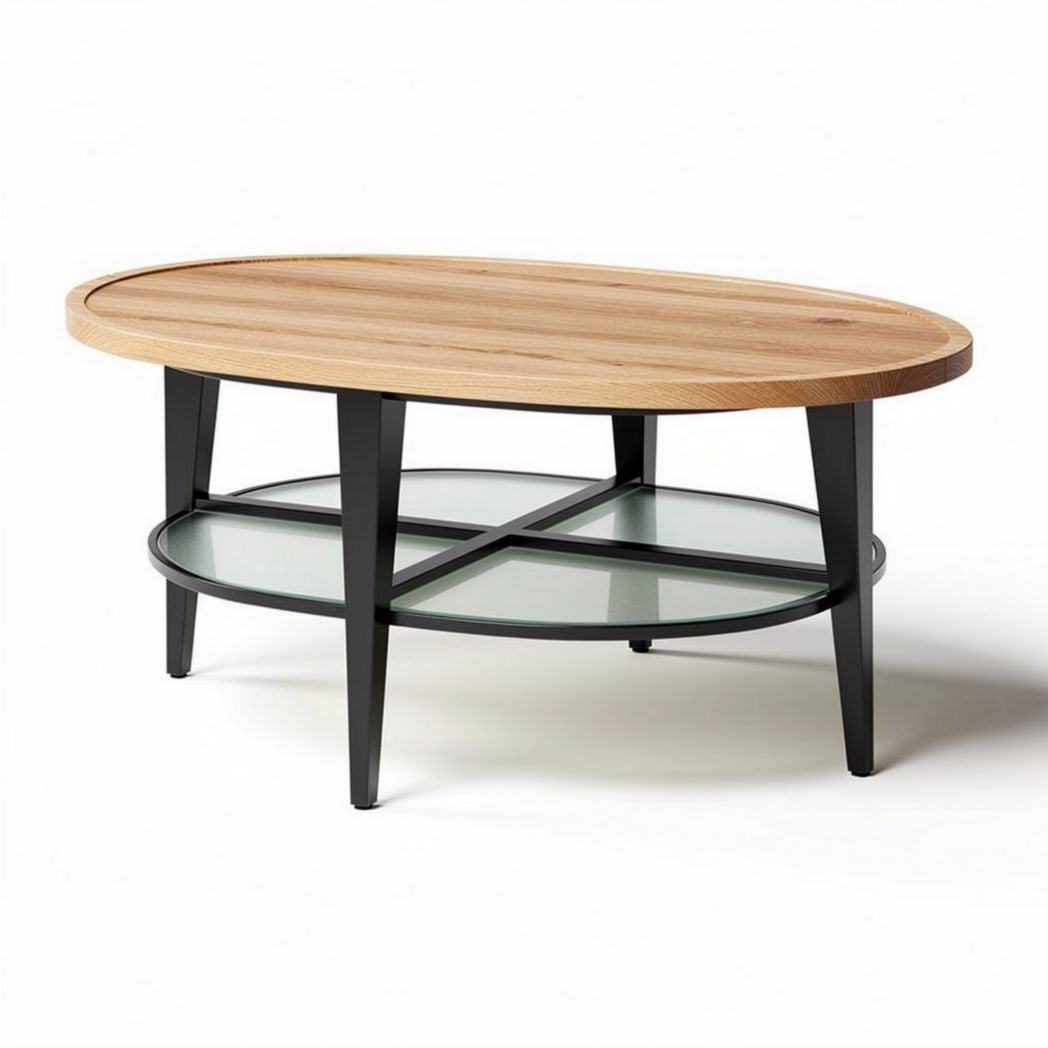 Kaffeetisch oval aus einem mix von holz und glas 100 x 60 x 40cm