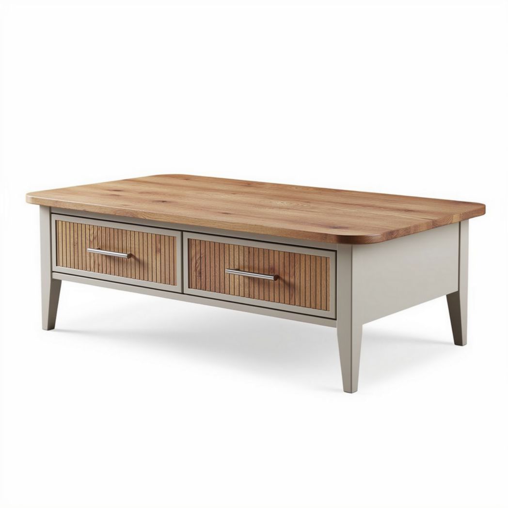 Kaffetisch aus Holz mit Schubladen in natural und beige 120 x 60 x 45cm